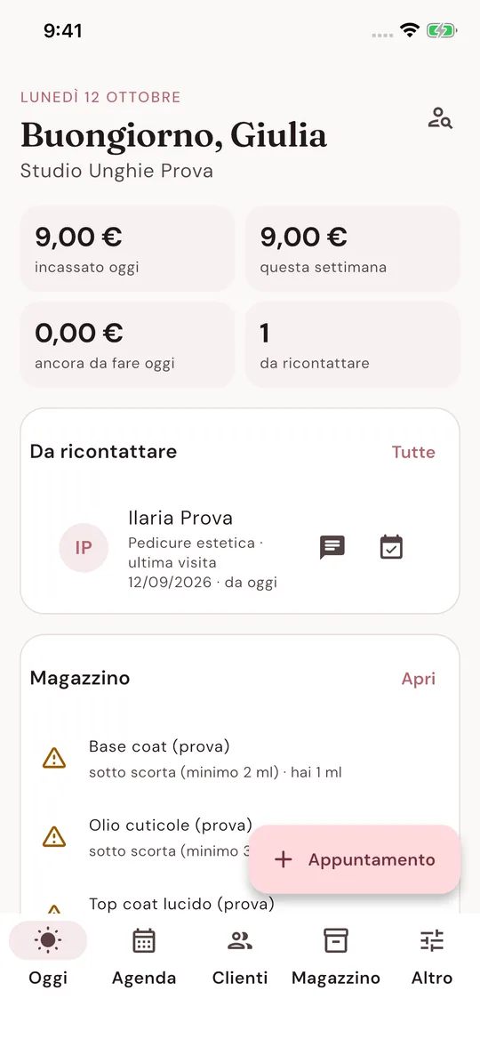 Schermata Oggi con incassi e clienti da ricontattare
